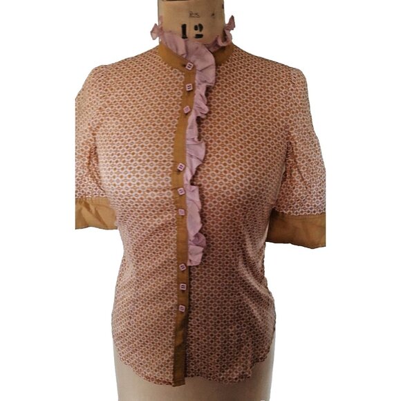 Cute ruffled Penguin pink and tan geometric print button down cotton shirt top - Picture 2 of 11